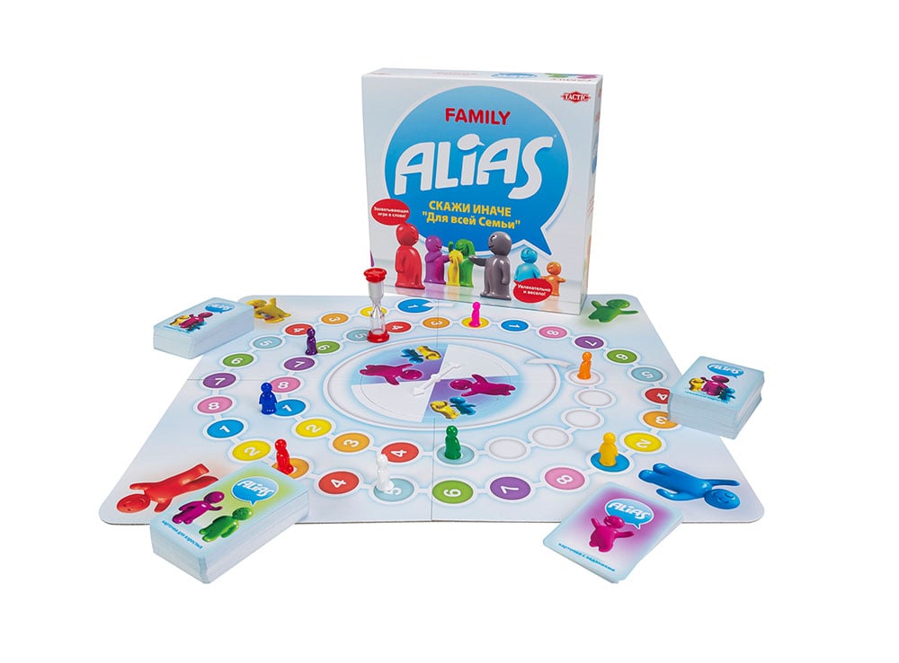 Коробка и компоненты настольной игры Алиас для всей семьи