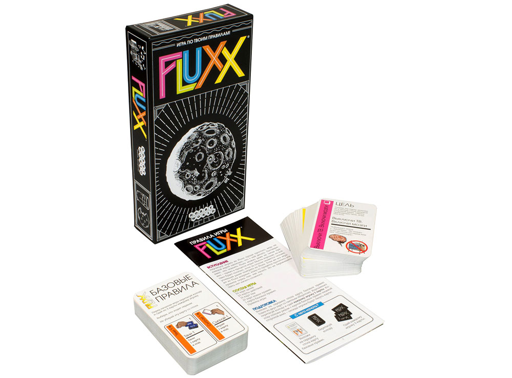 Коробка и компоненты настольной игры Fluxx 